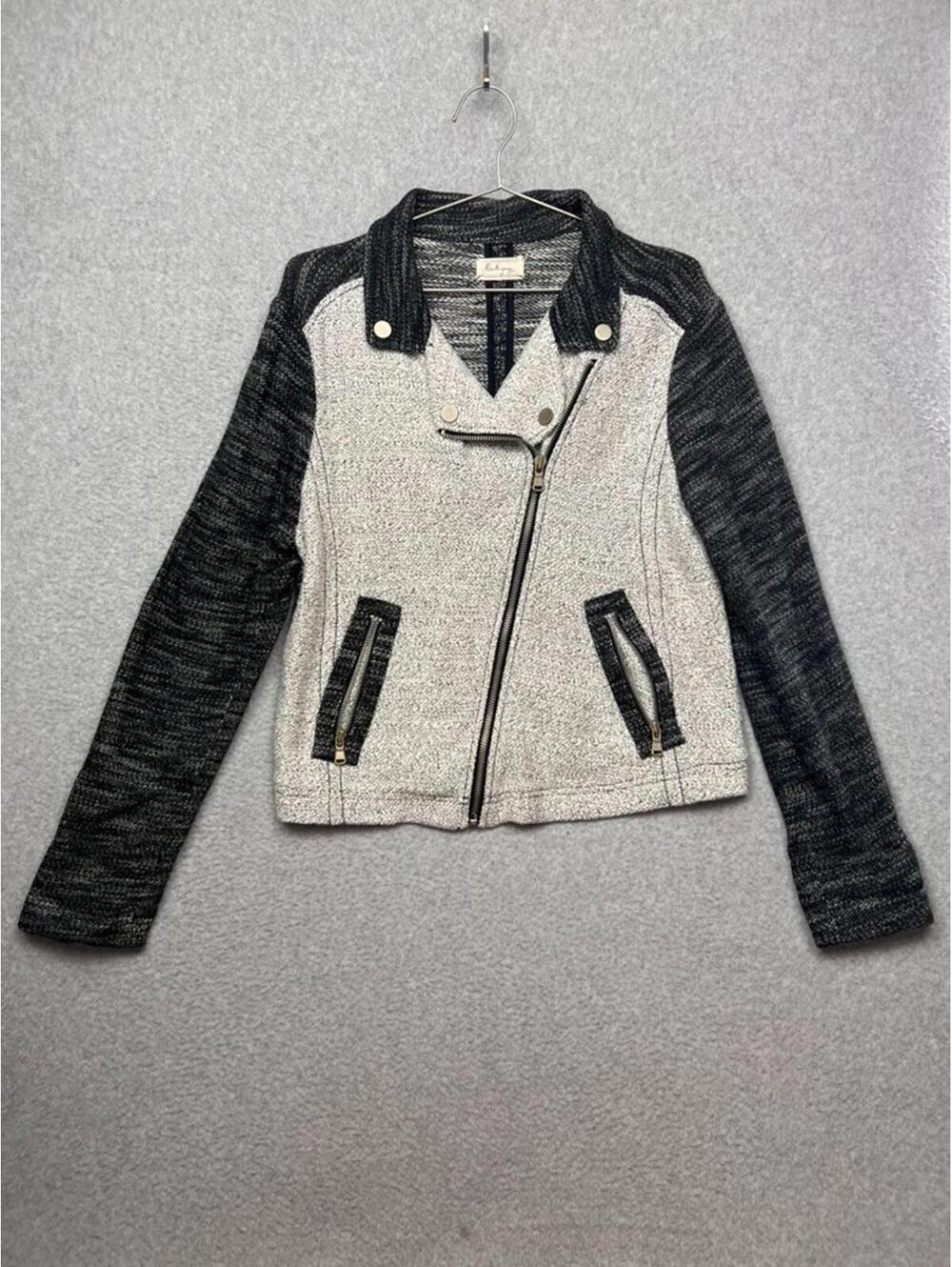 Lou & Grey Womens L Gray Black Knit Moto Jacket Zip Front Casual Edgy Coastal